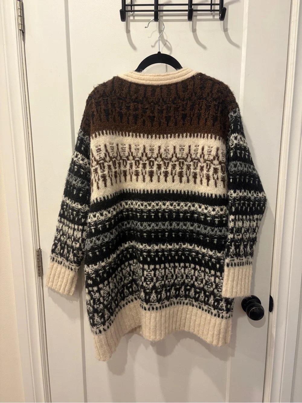 eesome Open-Front Fair Isle Cardigan in Cream, Brown, and Black - Picture 6 of 13